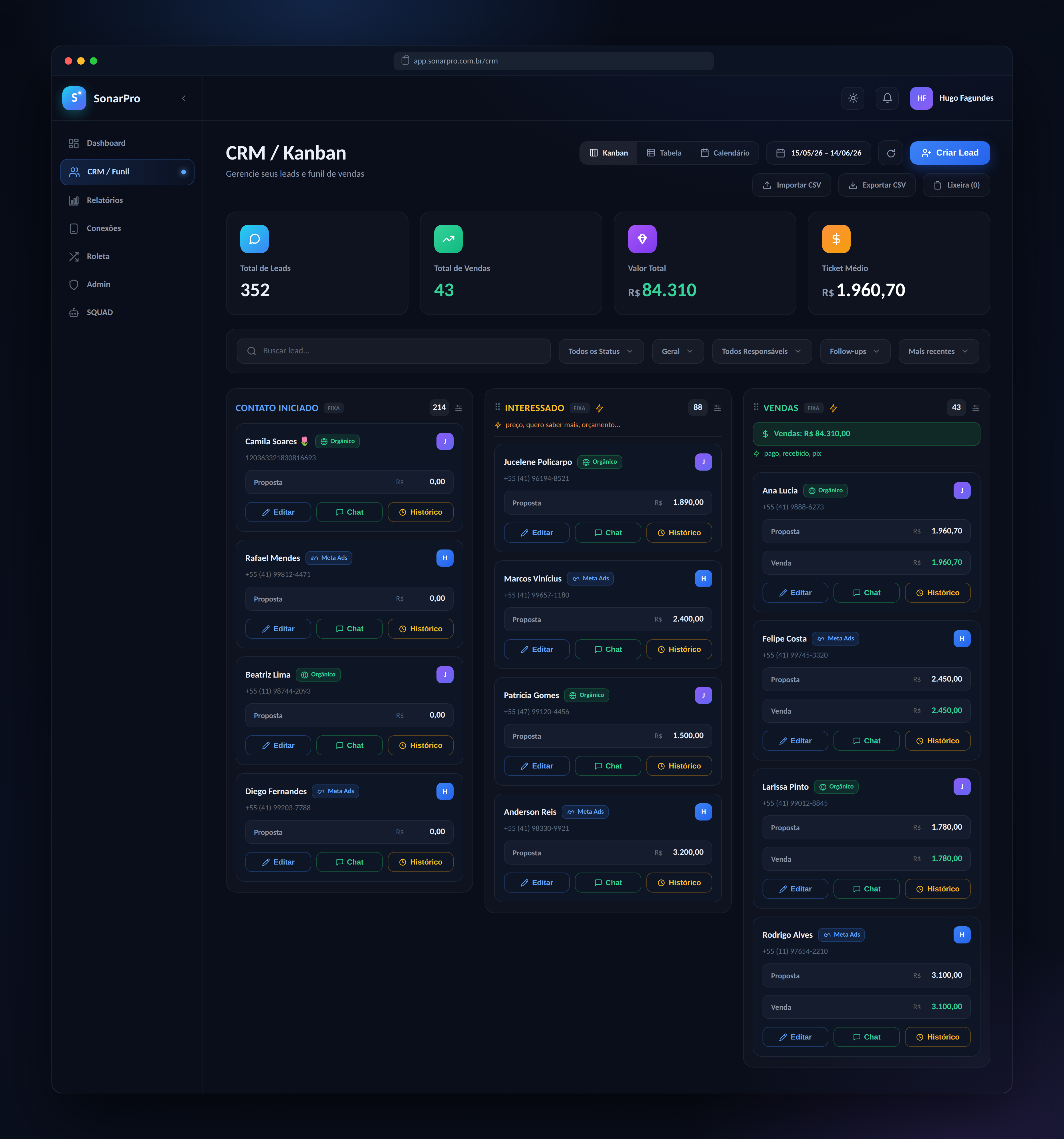 CRM Kanban do SonarPRO com atribuição de campanhas por lead